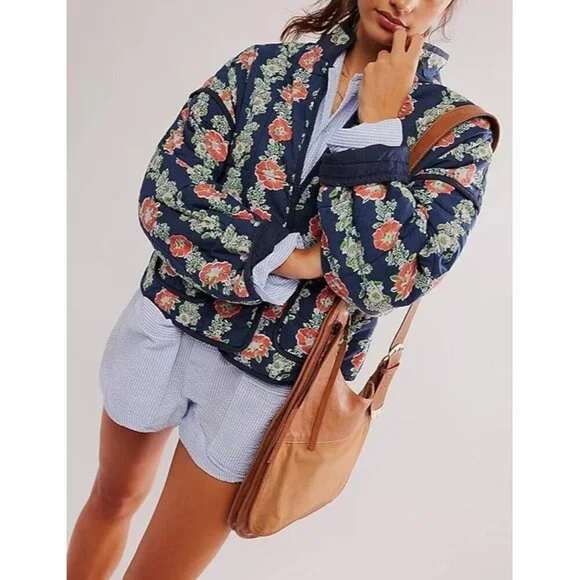 Women’s Navy Cropped Puffer Jacket Floral Printed Quilted Lightweight Coat - Picture 6 of 6